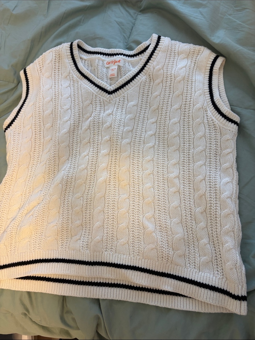 Cat & Jack White Cable-Knit V-Neck Sweater Vest with Navy Trim